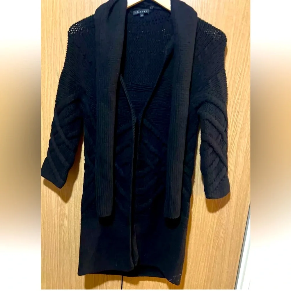 Theory Cardigan Women 2 Cotton Wool Cashmere Blend Black  Scarf Attach - Picture 2 of 15